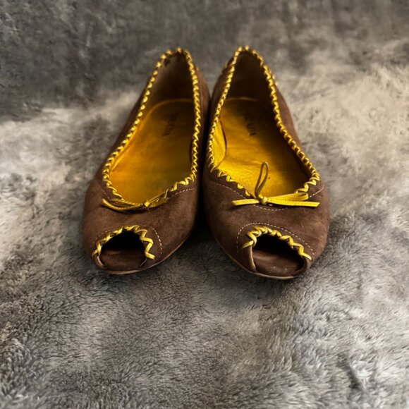 Authenticated Prada Peep Toe Ballet Flats Brown & Gold Size 39.5 / US 9.5 - Picture 4 of 16